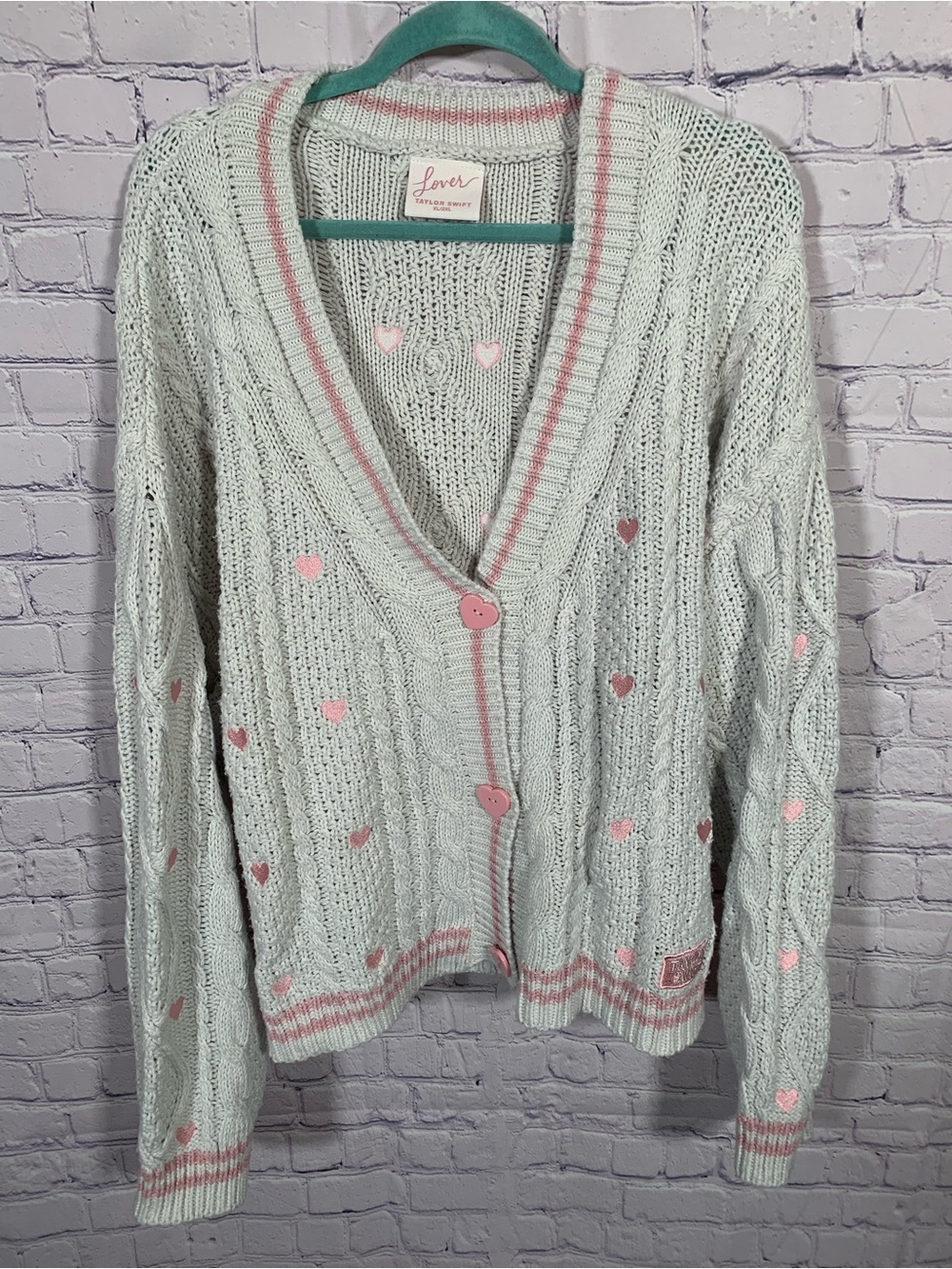 Taylor Swift Love Cardigan Embroidered Heart Gray Pink Size XL/2XL Oversized